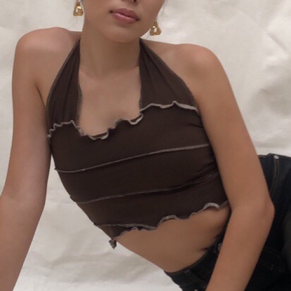 Brown patchwork halter top with exposed seams - Picture 3 of 4